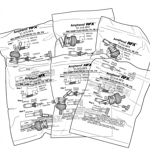 Line art illustration: Six Amphenol BNC crimp plugs with ferrules, sleeves, contacts, and connector bodies