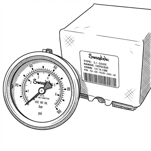 Line art illustration: Swagelok pressure gauge with a dial, needle, and text, displayed next to its labeled product box