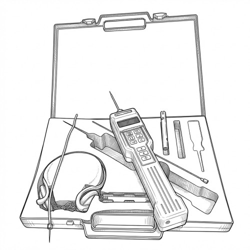 Line art illustration: Digital gas leak detector, headphones, and accessories in an open custom-fitted case