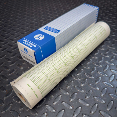 12" x 100' Thermal Chart Recorder Paper from Obtainium Science and Surplus Roll for Molytek 414446, Graphic Controls 10583749 shown with its blue and white Graphic Controls box on a textured metal surface.