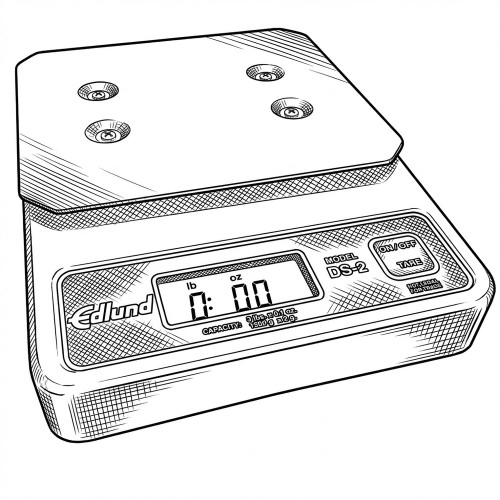 Line art illustration: Edlund DS-2 electronic scale with stainless steel platform, digital display, ON/OFF, TARE buttons