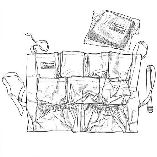 Line art illustration: Suncast Commercial 2-pack of utility caddy belts; one open with pockets, one wrapped