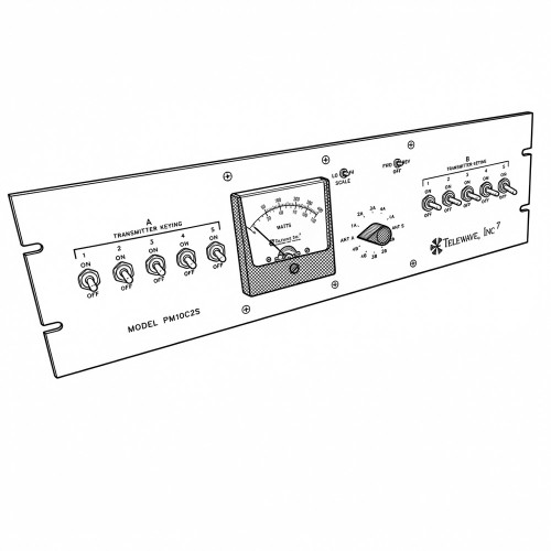 Line art illustration: Telewave RF power monitor rackmount: wattmeter, keying switches, and antenna/scale/direction controls