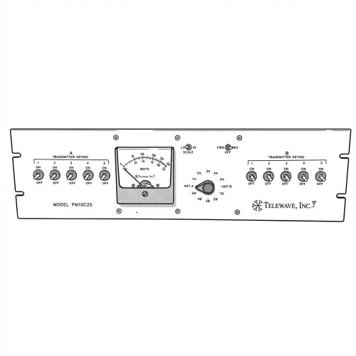Line art illustration: RF power monitor with a wattmeter, 10 transmitter keying switches, and an antenna selector
