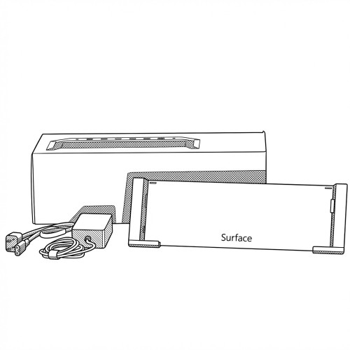 Line art illustration: Microsoft Surface Dock with a Surface device inserted and its power adapter