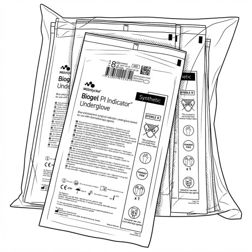 Line art illustration: Stacked Mölnlycke Biogel PI Indicator Undergloves, size 8, synthetic, sterile, powder-free, chemotherapy-tested