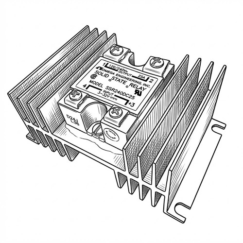 Line art illustration: Omega Solid State Relay (SSR) with heatsink and exposed input/output terminals