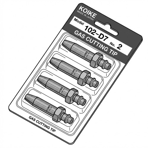 Line art illustration: Blister pack of four Koike 102-D7 No. 2 gas cutting tips with product label