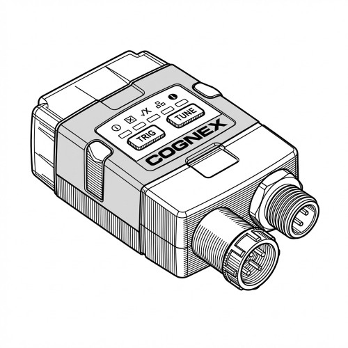 Line art illustration: Cognex barcode scanner with control buttons, indicator lights, and two circular connectors