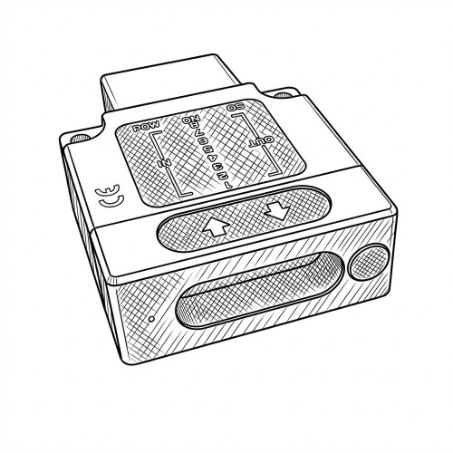 Line art illustration: Hokuyo IR sensor head with a display panel, arrow buttons, front ports, and a rear connector