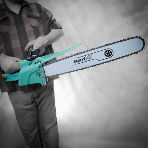 CS Unitec pneumatic chainsaw showing new GB Hard-Top bar and chain. Teal paint finish is clean, consistent with NOS.