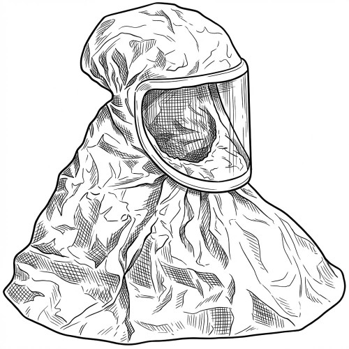 Line art illustration: White respirator hood for PAPR, featuring a face shield and a crinkled Tychem body covering