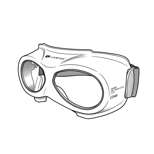Line art illustration: White Lumenis laser safety goggles showing viewing areas and side specifications