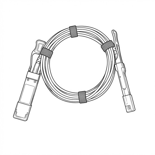Line art illustration: Coiled QSFP+ optical cable with two transceivers and velcro ties on both ends