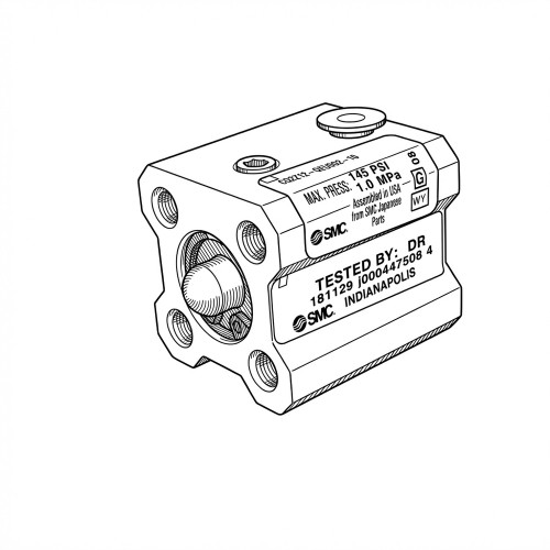 Line art illustration: Compact pneumatic cylinder with exposed piston rod, four mounting holes, and side labels displaying specifications