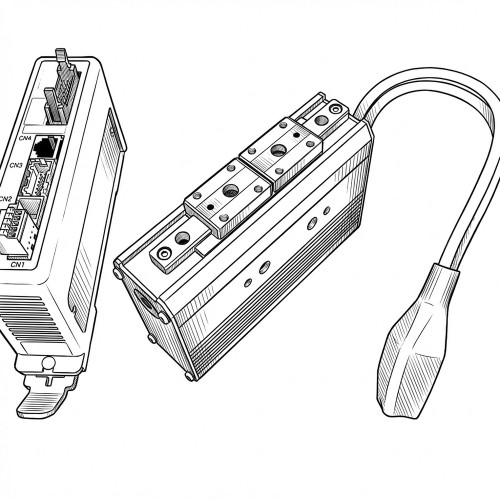 Line art illustration: Electric 2-finger parallel gripper kit with controller and connecting cable components