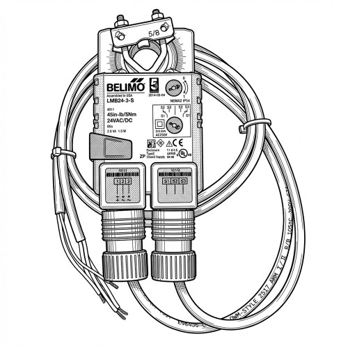 Line art illustration: Belimo LMB24-3-S HVAC damper actuator with its label, coiled cables, two connectors, and top bracket
