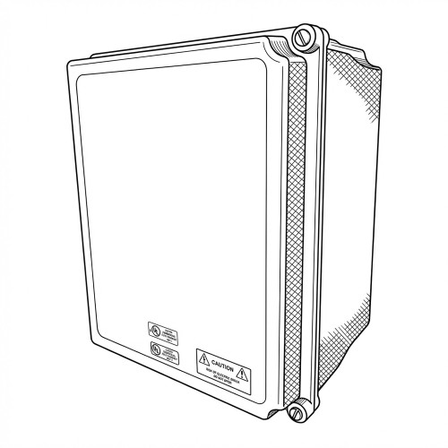 Line art illustration: Fiberglass electrical enclosure with a hinged door, two latches, and warning labels
