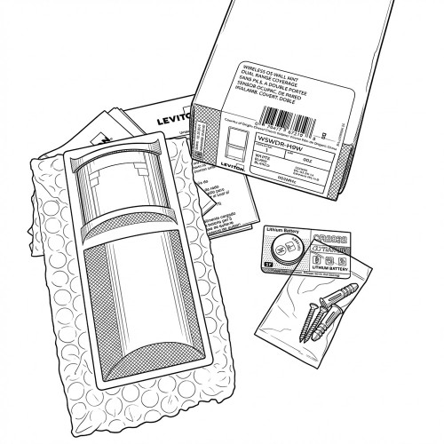 Line art illustration: New Leviton wireless occupancy sensor, still packaged, with CR2032 battery, screws, and wall anchors