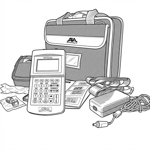 Line art illustration: AEA VIA Echo impedance analyzer, its carrying case, power adapter, manual, and various accessories