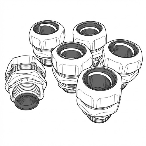 Line art illustration: Six liquidtight flexible conduit connectors with threads and blue internal components