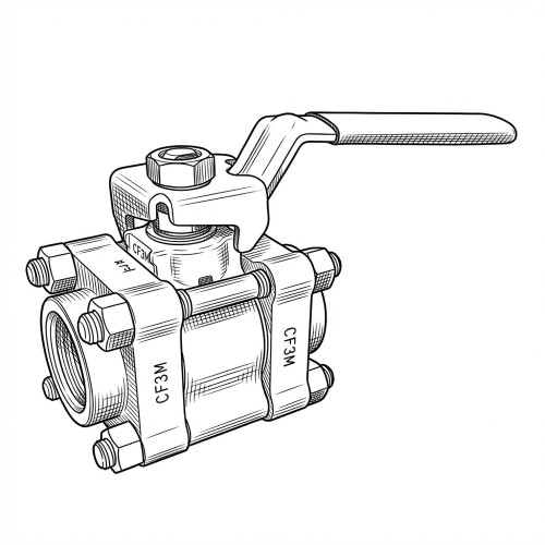 Line art illustration: Stainless steel ball valve featuring a top handle, three-piece bolted body, and threaded end