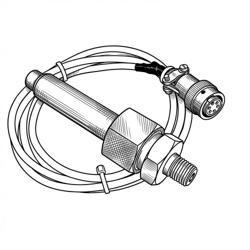 Line art illustration: Pressure sensor featuring cylindrical body, threaded hexagonal fitting, coiled cable, and multi-pin connector