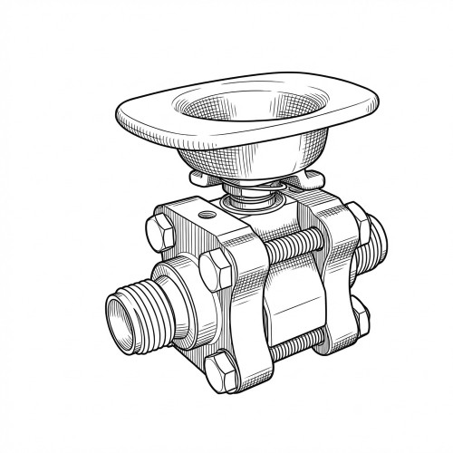 Line art illustration: A stainless steel ball valve with a dished top handle and threaded connections