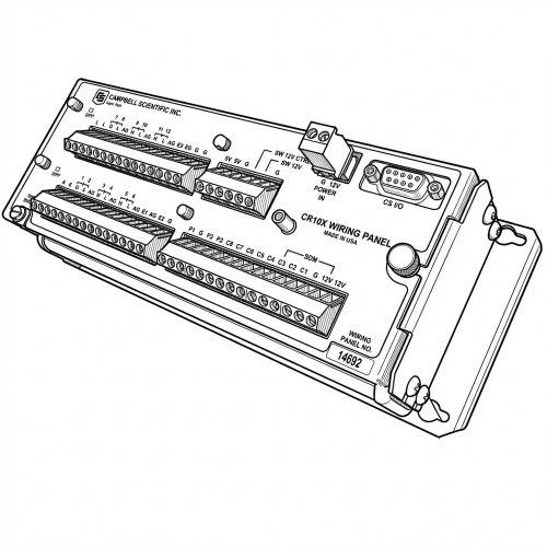 Line art illustration: Campbell Scientific CR10X wiring panel with terminal blocks, power input, and CS I/O port