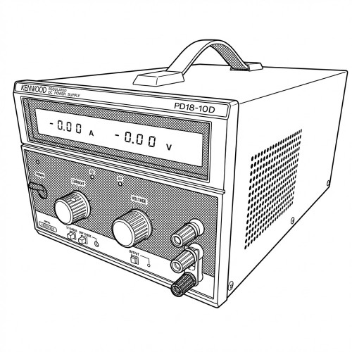 Line art illustration: Kenwood PD18-10D regulated DC power supply with digital display, control knobs, and output terminals