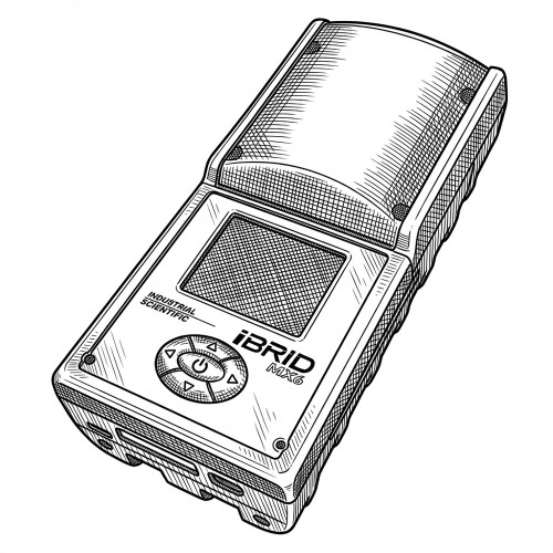 Line art illustration: Industrial Scientific iBRID MX6 multi-gas monitor with screen, power button, and flip cover