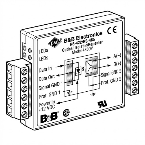 Line art illustration: B&B Electronics 485OP RS-422/RS-485 optical isolator/repeater with terminal blocks and internal diagram