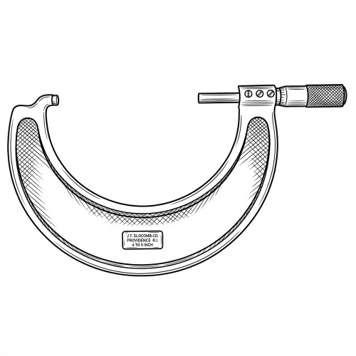 Line art illustration: JT Slocomb 4-5 inch outside micrometer with C-frame, anvil, spindle, and knurled thimble