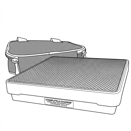 Line art illustration: Compute-A-Charge wireless refrigerant charging scale with a textured platform and mesh carrying case