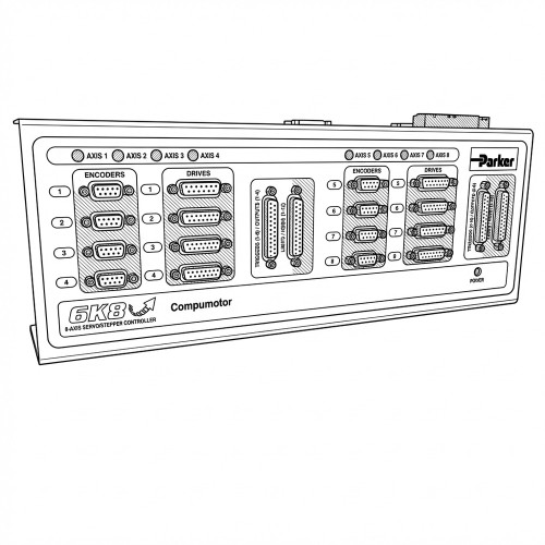 Line art illustration: Parker 6K8 8-axis servo/stepper controller with multiple encoder, drive, and I/O ports