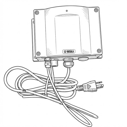 Line art illustration: Vaisala environmental transmitter, multiple cables, coiled power cord ending in a US plug