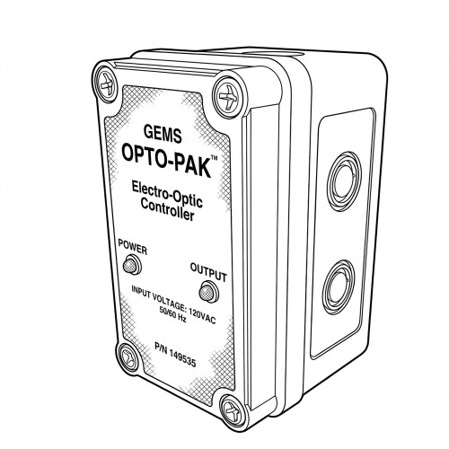 Line art illustration: Gems Opto-Pak electro-optic controller module, showing power/output indicators, input voltage, and side connectors