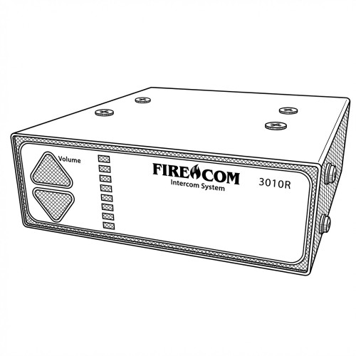 Line art illustration: FireCom 3010R intercom system with volume controls, level indicators, top screws, and side connectors