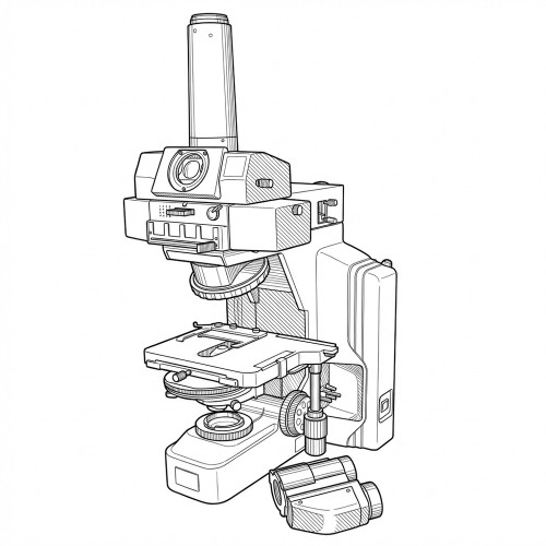 Line art illustration: Nikon Eclipse E600 microscope showing its frame, stage, focusing knobs, and detached binocular head