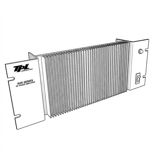 Line art illustration: RXR Series RF Power Amplifier with TPL logo, prominent heat sink, power button, and toggle switch
