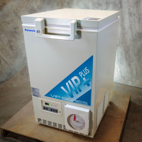 Panasonic VIP PLUS VIP SERIES logo prominent. Freezer exterior showing minor scuffs, clean control panel with display. Intact temperature recorder.
