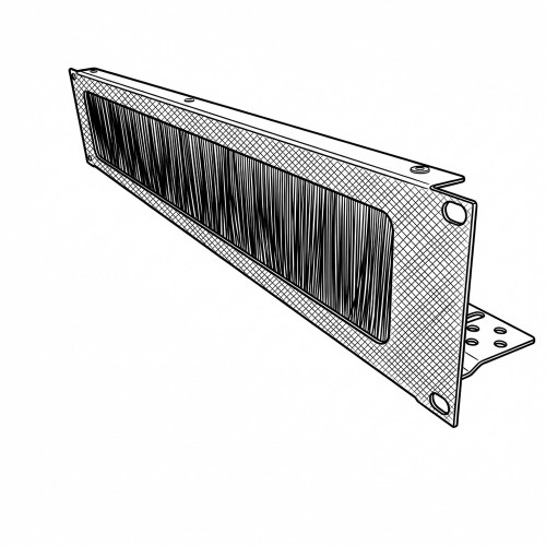 Line art illustration: 2U brush grommet rack panel for 19-inch AV racks with mounting holes