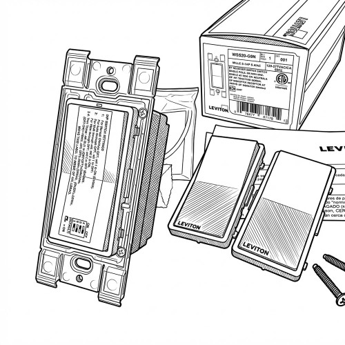 Line art illustration of Leviton WSS20-G9N LevNet RF 902 MHz Decora Wall Switch Receiver NOS