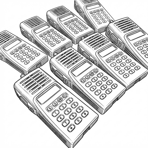 Line art illustration of Kenwood TK-380 Type 3 UHF Handheld Radio 400-430 MHz (Lot of 8, Used, No Antennas)