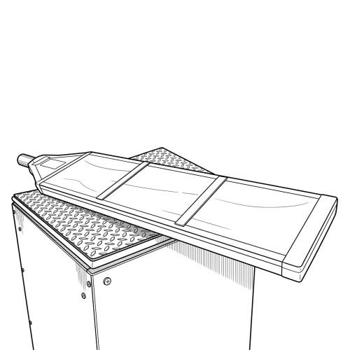 Line art illustration: Large plastic scintillator panel with segmented surface resting on a diamond plate stand