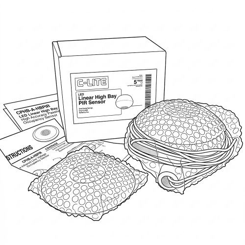C-LITE box showing "LED Linear High Bay PIR Sensor" and "5 YEAR" warranty. Instructions and coverage sheets included. Sensor appears new in bubble wrap.