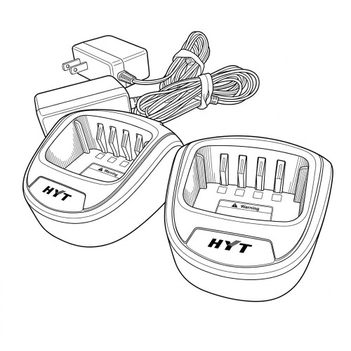 Line art illustration: Two HYT rapid radio chargers with two power adapters and coiled cables
