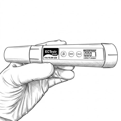 Line art illustration: ECTester High conductivity tester with control buttons, digital display, and 0-19.99 mS range