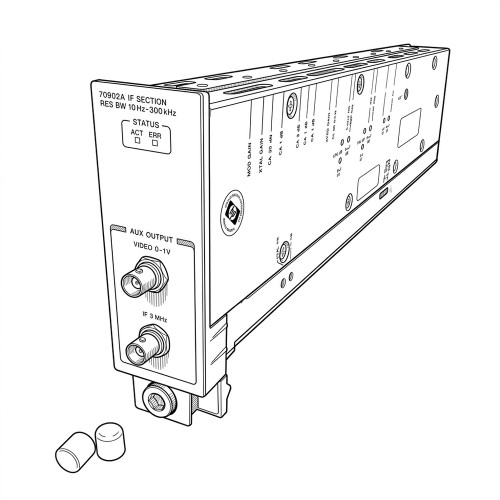 Line art illustration: HP 70902A IF Section electronic module with front BNC ports, status indicators, and side adjustments