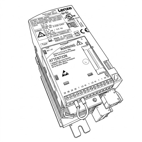 Line art illustration: Lenze AC drive showing its label, safety warnings, numerous terminals, and connected wires